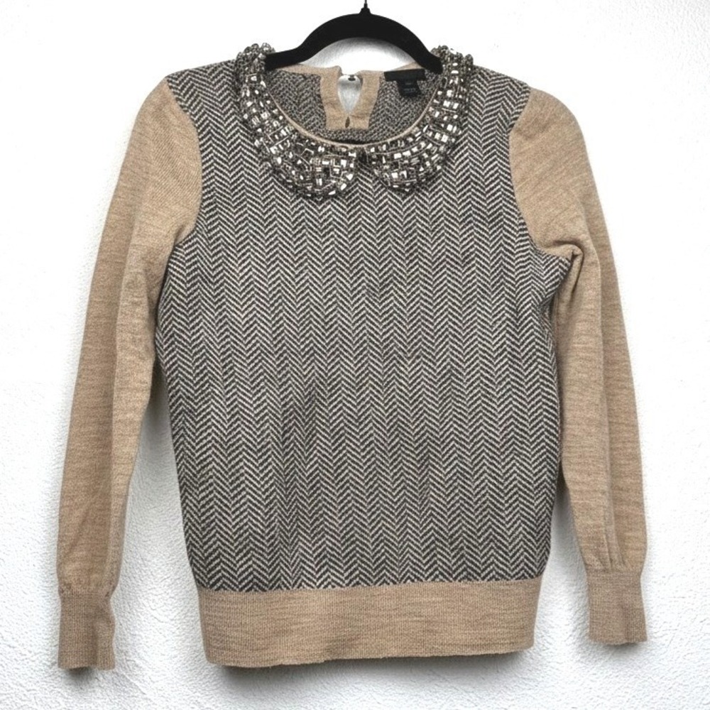 J.Crew Collection Herringbone Jeweled Collar Alpaca Wool Sweater S Tan Brown
